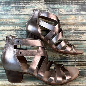 CLARKS Gladiator Dress Sandals Womens 11M Pewter Gray Leather Zip Up Block Heel